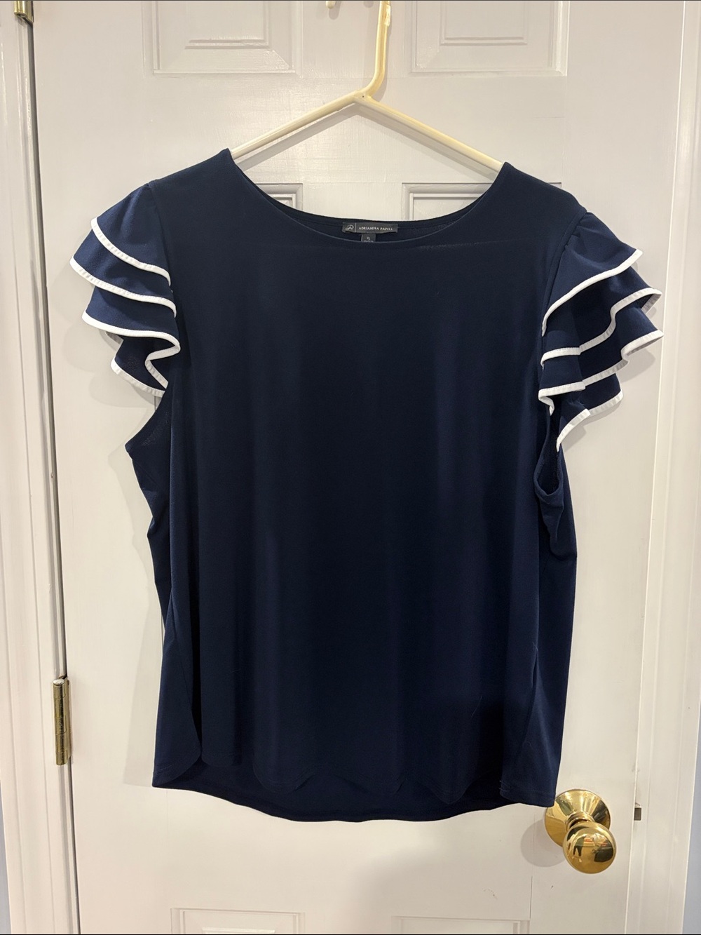 Adrianna Papell Navy Top with White-Trim Ruffled Sleeves